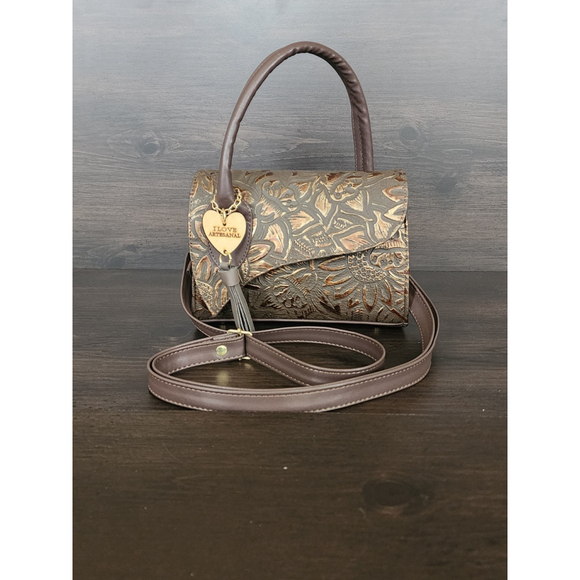 Dark Brown Gold Sunflower Embossed Tooled Artisan LEATHER Crossbody bag - Picture 9 of 15